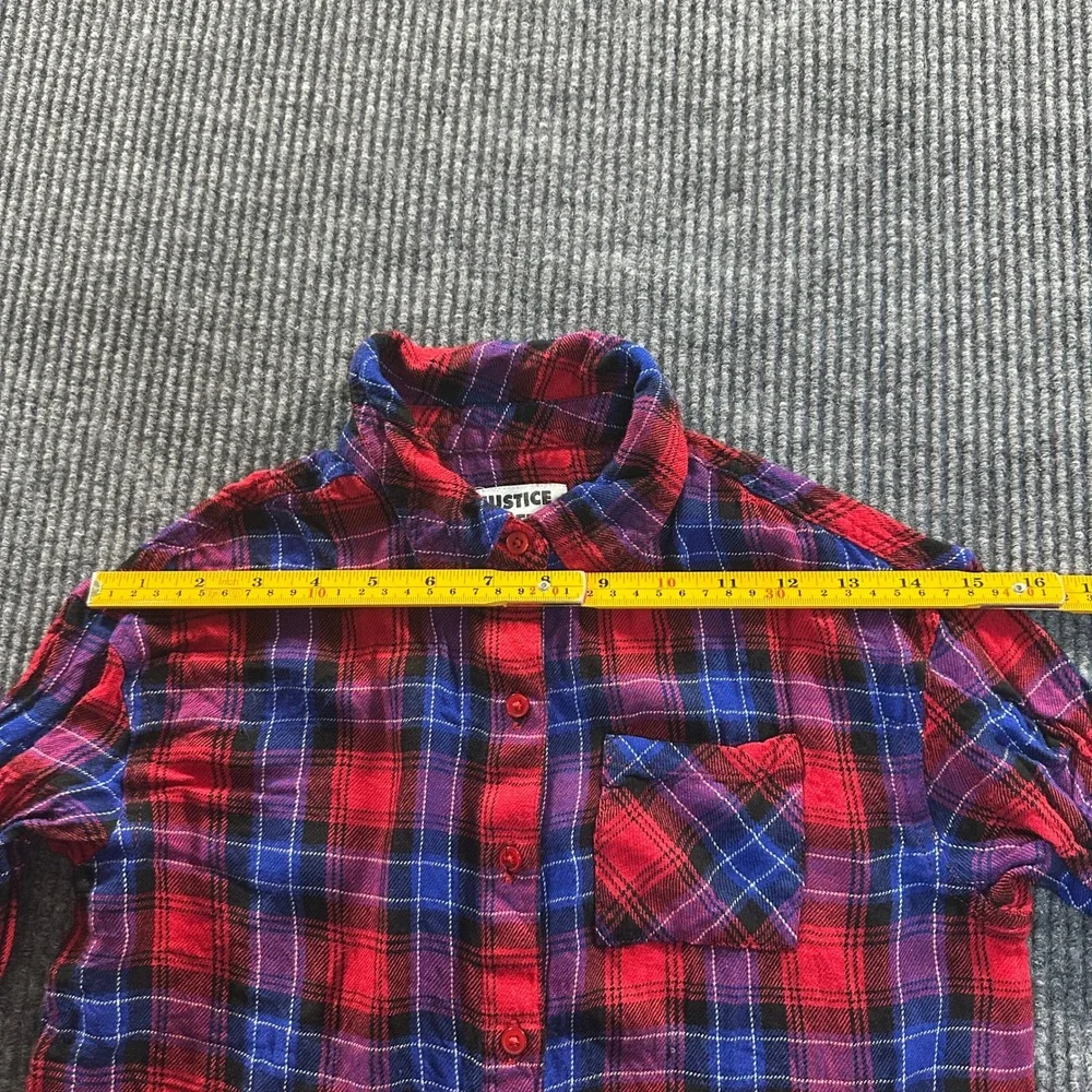 Justice Girls Perfect Plaid Button Down Shirt Size 12 Red Blue Soft Flannel